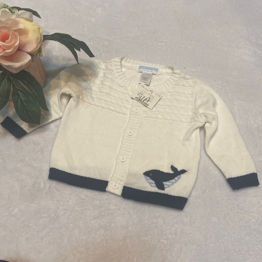 NWT Janie And Jack Size 6-12M Layette Whale Sweater White & Navy
